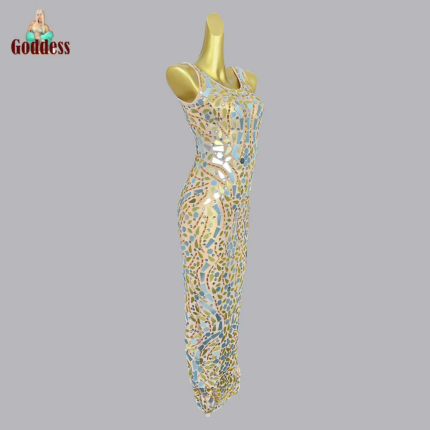 Блестящие зеркальные стразы сетчатое длинное платье телесного цвета вечернее