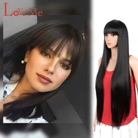 long straight lace front wig with bangs 32 inch good quailty black blonde brown pink synthetic for women cosplay party fake hair