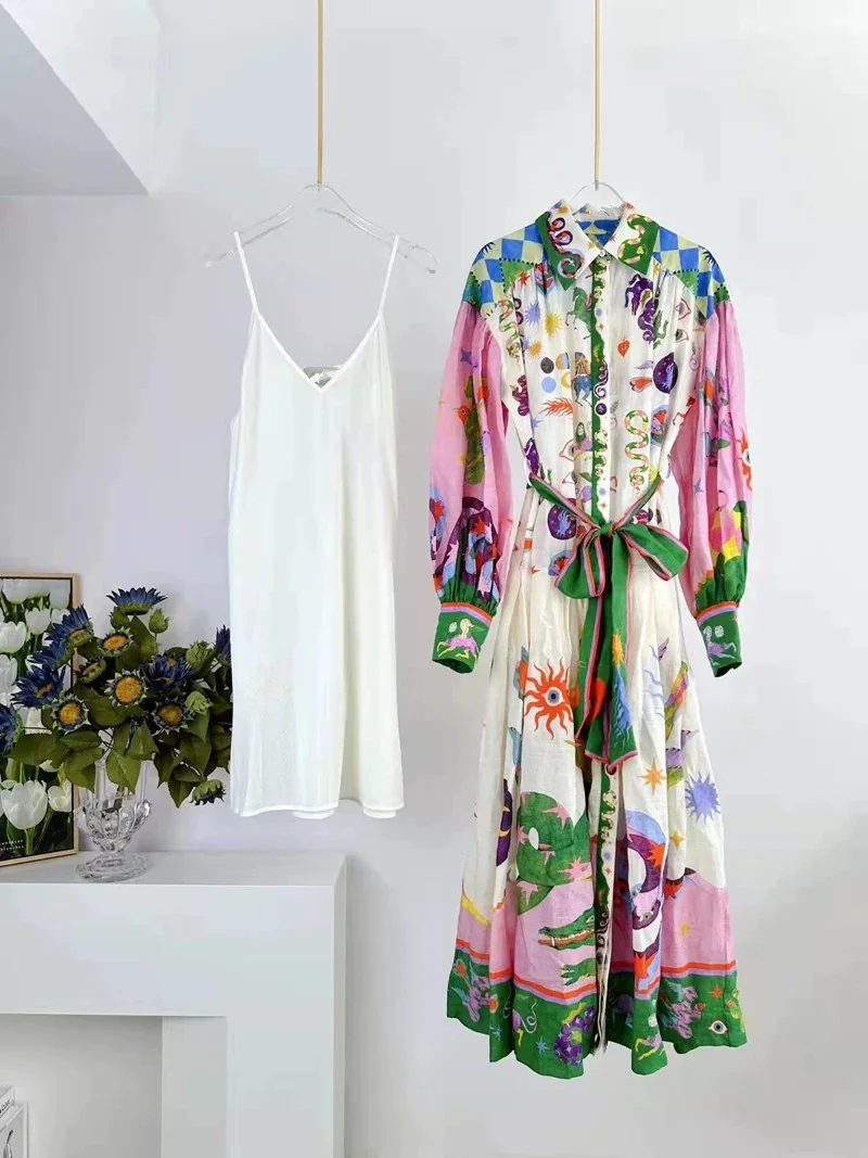 

Женское льняное платье-миди с цветочным принтом и длинным рукавом-фонариком