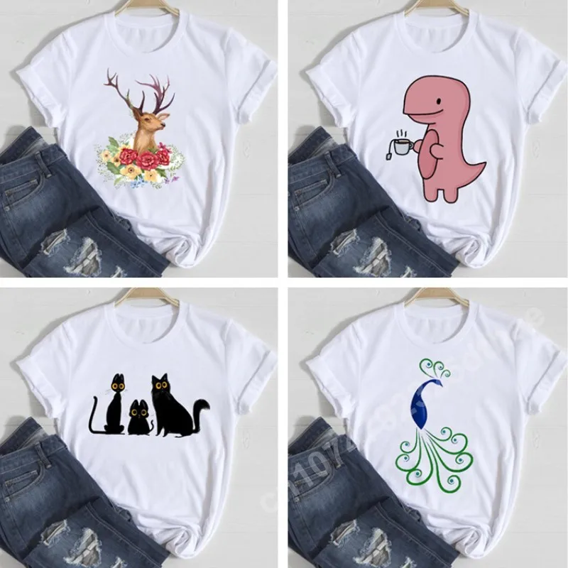 

Funny Animal Women T-Shirts Summer Clothes Dinosaur Print Short Sleeve Y2k Tops Casual Graphic T Shirt Harajuku Oversized Tees