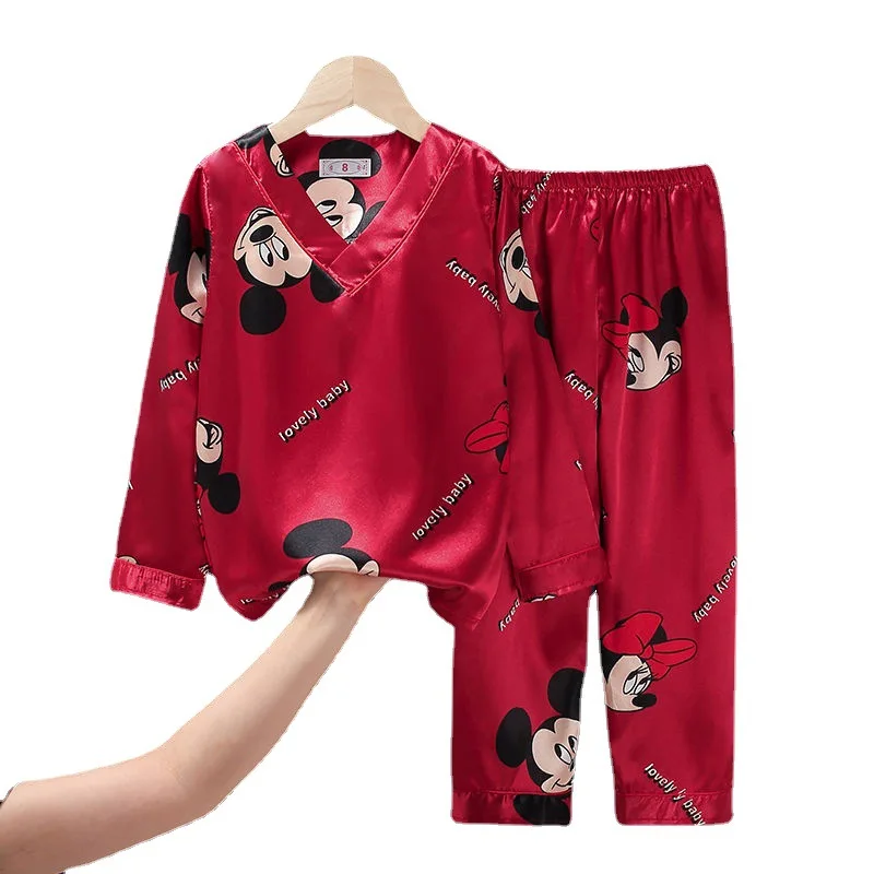 2022 Disney Mickey Mouse Children's Pajamas Set Spring and Autumn Ice Silk Thin Girls Boys Red Natal Year New Year Home Clothes