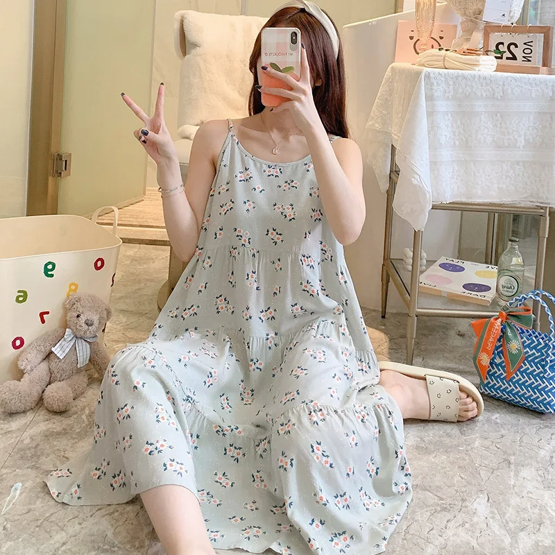 Women's Thin Cotton Nightgown Long Slip Sleep Dress Summer Loose Sleepwear Floral Print Nightwear Nightdress Casual Home Clothes