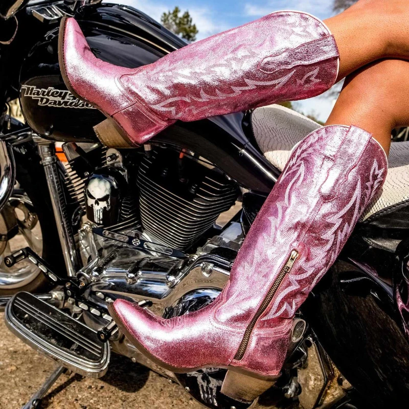 

Fashion Embroidery Knee High Cowgirl Boots for Women Low Heel Pointed Toe Woman Retro Long Western Boots Womens Shoes Big Size