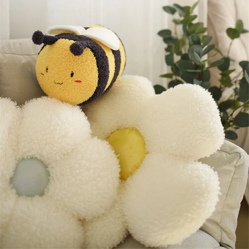 

Furry Five Petal Flower Throw Pillow Back Cushion Plush Toy Cute Bee Plush Toy Soft Appease Plushies Girly Room Decoration