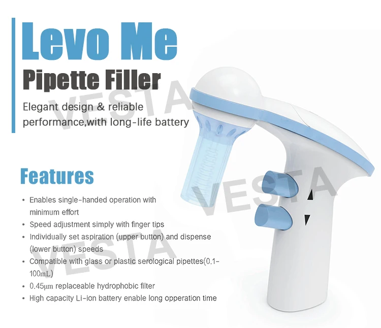 

Эргономичный дизайн перезаряжаемая пипетка Levo ME подходит для 0,1-100 мл стеклянных или пластиковых пипетки