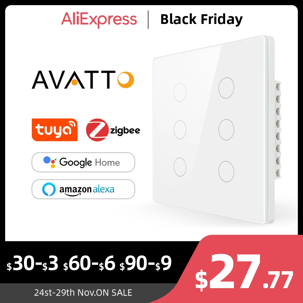 

AVATTO Tuya Brasil 4x4 Zigbee Smart Switch,Touch-Sensor Smart Home interruptor 4/6 Gang Light Switch Work for Alexa Google Home