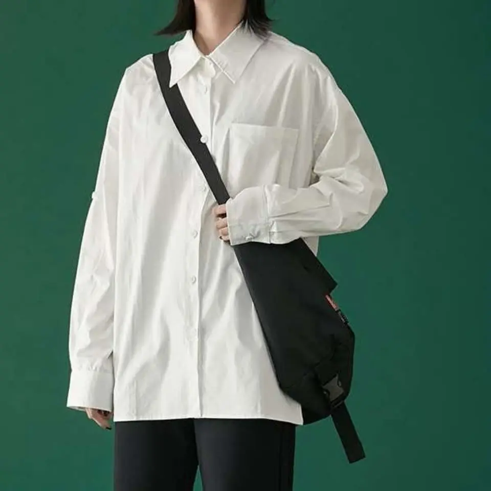 

DAYIFUN Student Blouse Shirt Autumn Spring Long Sleeve Blouse Loose Women White Turn Down Collar Casual Oversized Shirts