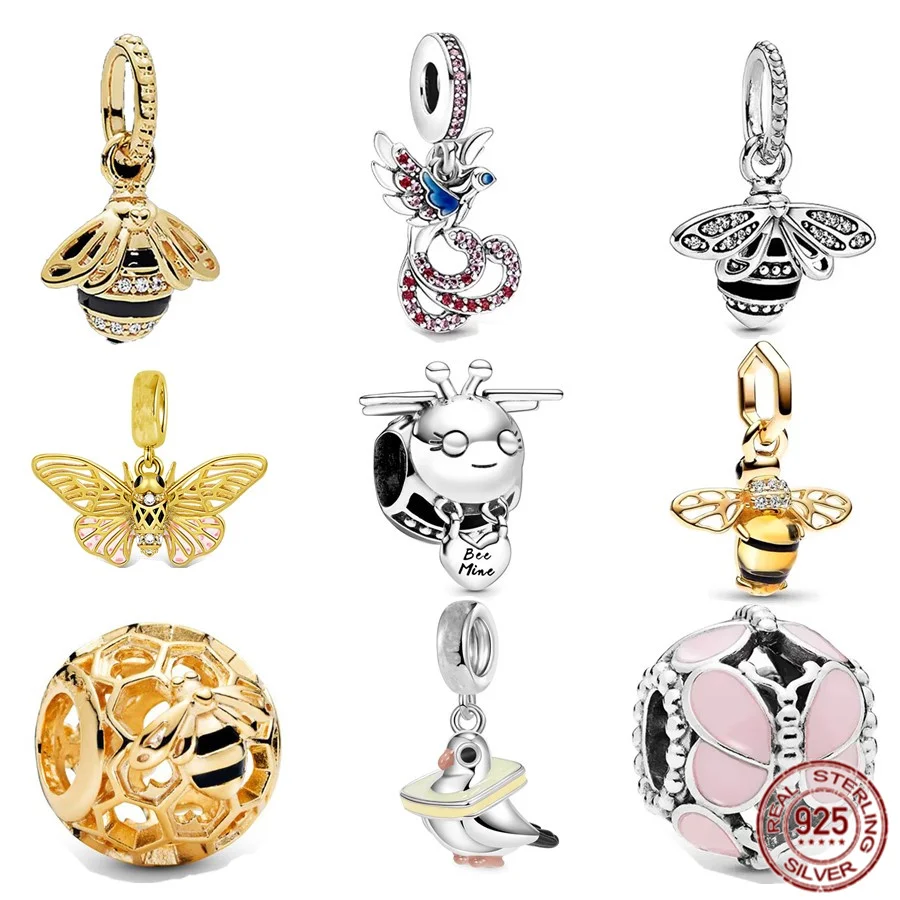 

New 925 Sterling Silver Fit Original Pandora Bracelet Golden Sparkling Bee Cicada Pendant Pink Butterfly Charm Beads DIY Jewelry