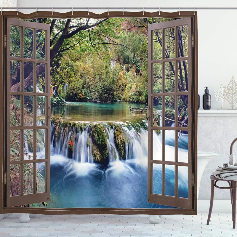 

Waterfall Shower Curtain, Wide Waterfall Deep Down In The Forest Seen From A City Window Curtain Fabric Bathroom Set With Hooks
