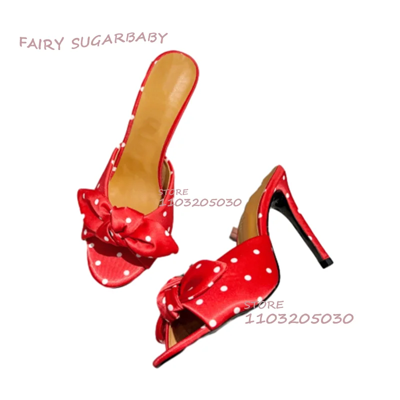 Туфли женские атласные красные шелковые белые пятна открытый каблук летние