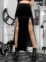 goth vintage black velvet split skirts aesthetic sexy high waist bow bodycon long skirt elegant e girl punk partywear clothes