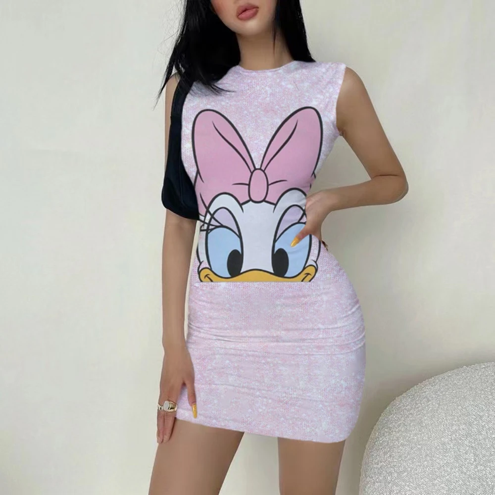 

2022 Disney Minnie Mickey Donald Duck Daisy Dress Women Summer Printing Hip Dresses Casual Bodycon Slim Casual Pencil Vestidos