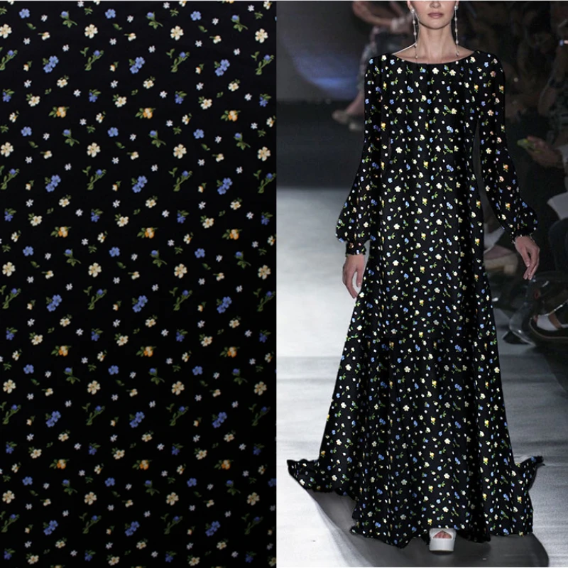 

Mulberry Silk Stretch Crepe De Chine Fabric Spandex Black Background Blue and Yellow Floral Print Soft Women's Clothing Cloth