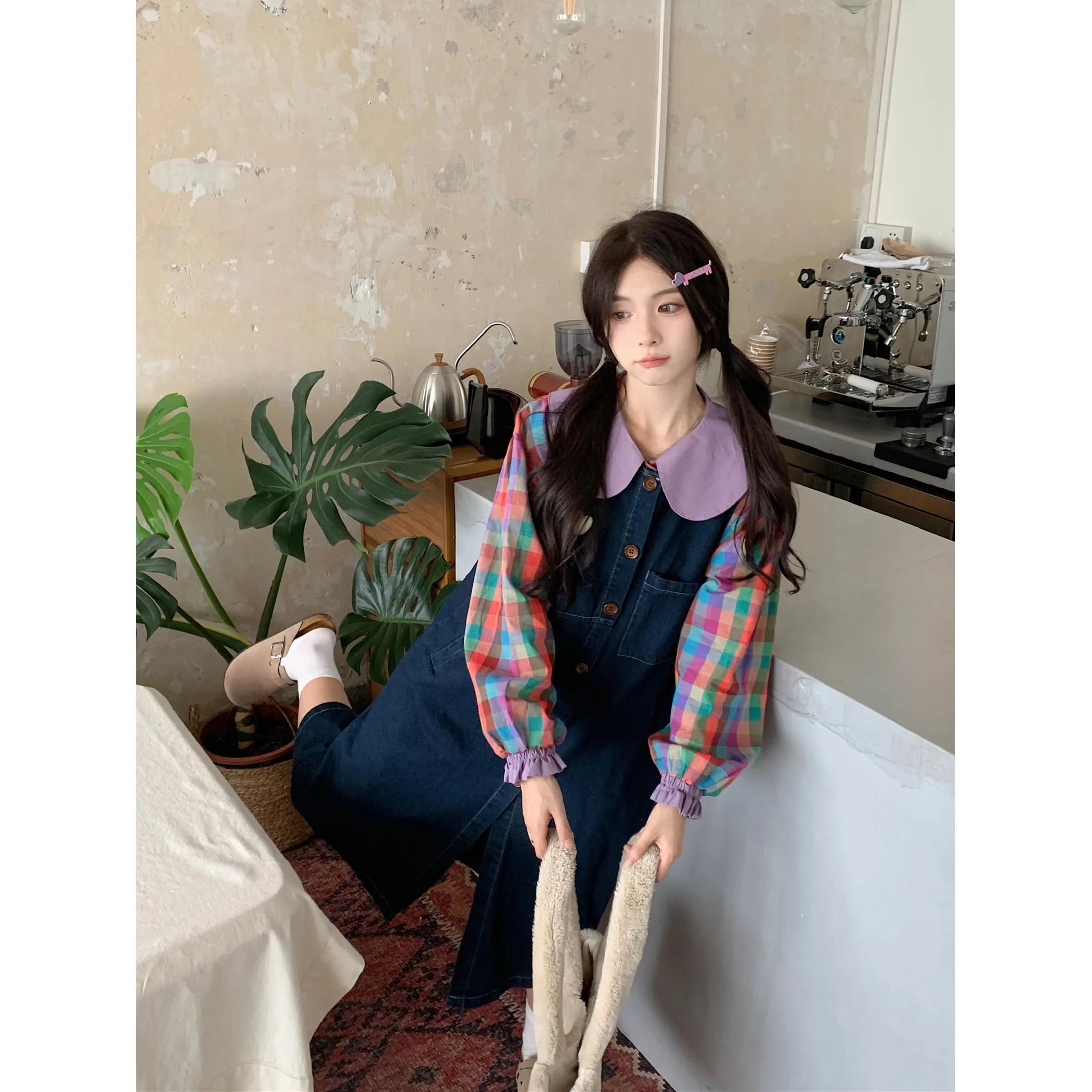 Корейская серия Ретро Контрастный цвет Кукольный воротник Радужные клетчатые