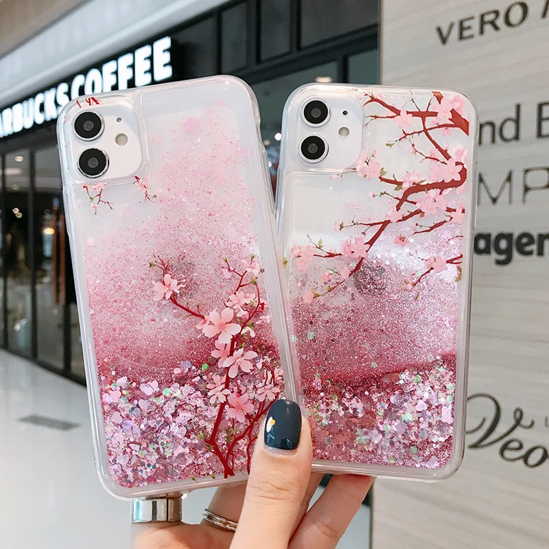 

Peach Blossom Quicksand Glitter Phone Case for iPhone 11 12 13 mini pro XS MAX 6 8 7 Plus X XR Cover