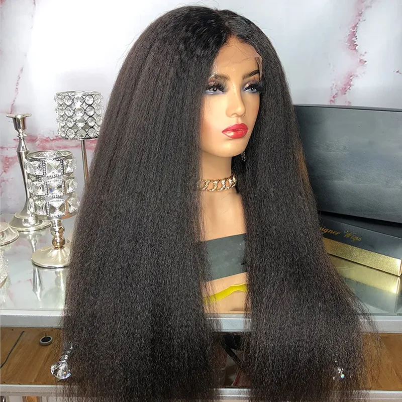 

Natural Long 28 inch Soft Black Yaki Kinky Straight Hair Wig For Women Natural Hairline Kinky Straight Wig With Afro Baby Hair