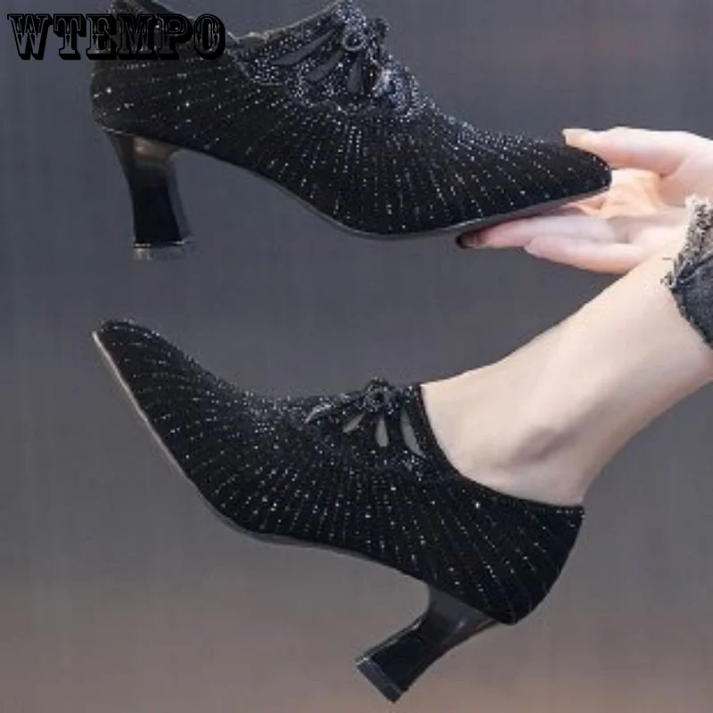 WTEMPO Women 6.5cm High Heels Sandals Crystal Bowknot Sexy Glitter Rhinestones Shoes Slip on Pumps Wholesale Dropshipping