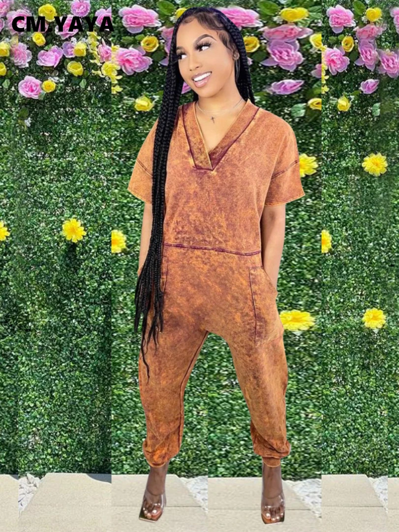 

CM.YAYA Women Tie Dye Short Sleeve V-neck Haren Jumpsuit for 2022 Summer Street Hip Hop Casual One Piece Overall Playsuit