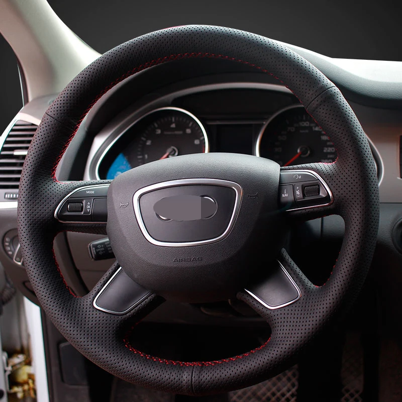 

For Audi A6 2005-2018 A3 A4 2013-2018 Q3 2012-2018 Q5 Q7 2013-2018 Hand-stitched Black Genuine Leather Car Steering Wheel Cover