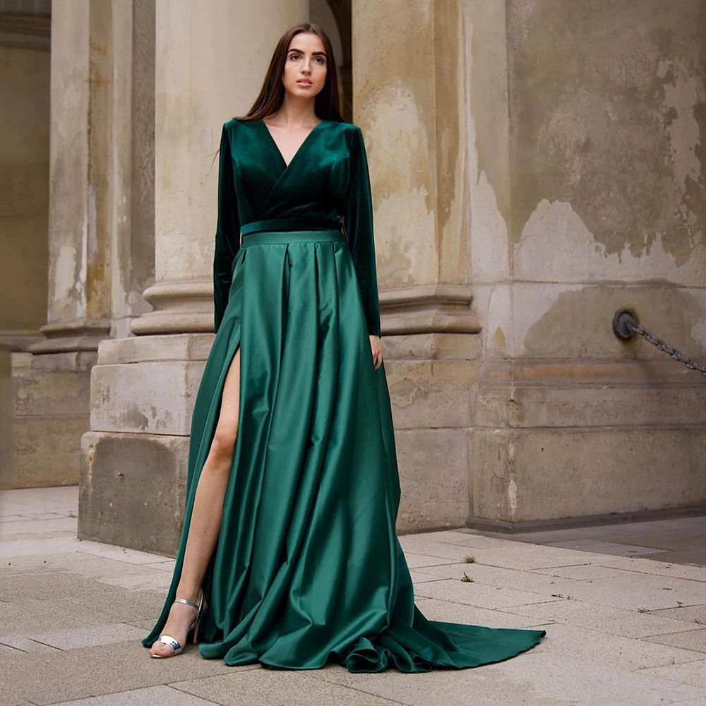 

Plus Size Green Satin And Velvet Prom Dress Slit Floor Length A Line Formal Evening V Neck With Long Sleeves Custom Vestids 2022