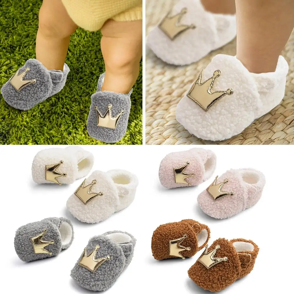 

Newborn Baby Winter Crown Furry Walking Shoes Warm Infant Toddler Velvet Boots Magic Stickers for Spring Autumn and Winter