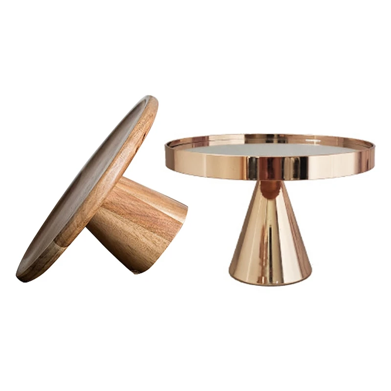 

1 Pcs Elevated Wooden Cake Tray Creative Food Tray & 1 Pcs Gold Cake Stand Mirror Metal Cupcake Display Dessert Plates