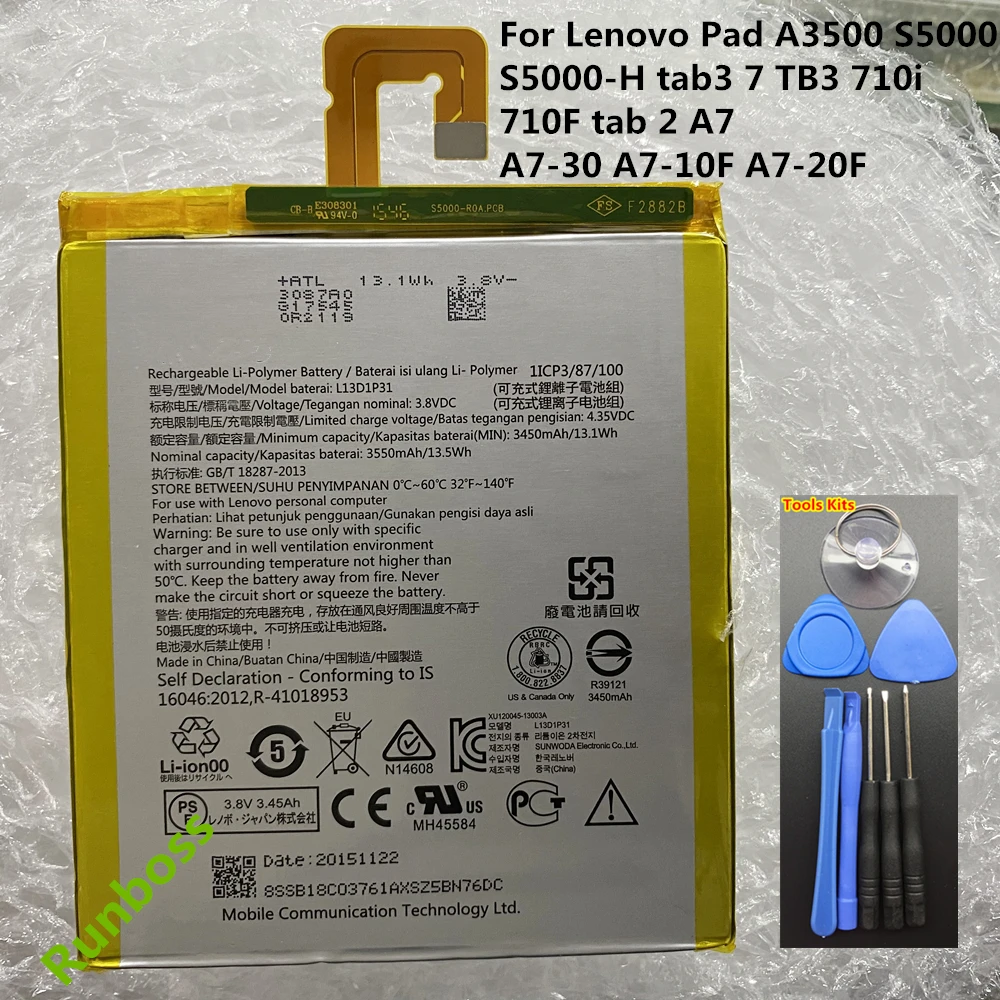 

Original L13D1P31 3550mAh battery for Lenovo Pad A3500 S5000 S5000-H tab3 7 TB3 710i 710F tab 2 A7 A7-30 A7-10F A7-20F