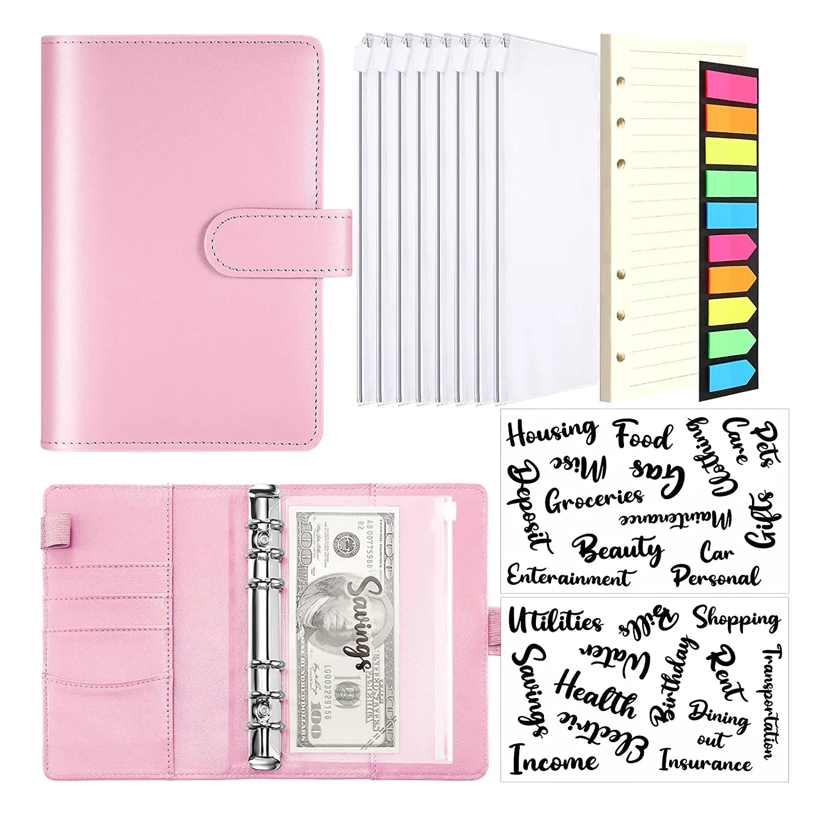 

A6 Binder Planner Organizer,26 Categories Letter Sticker Cash Budget ,Zipper Pockets Binder Paper ,Neon Page Makers for Saving