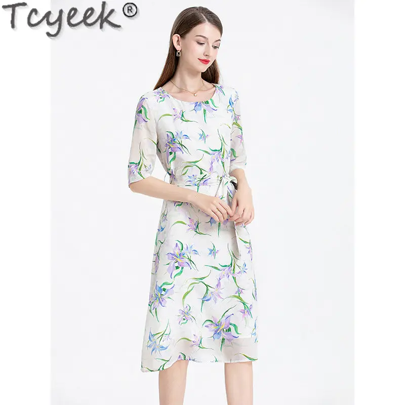 Tcyeek Summer 100% Mulberry Real Silk Clothing Womens Dresses 2023 Elegant and Pretty Women's Dresses Print Vestido Feminino LM