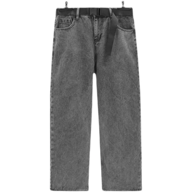 Blue/Grey Belt Jeans Men Fashion Retro Casual Straight Jeans Men Streetwear Loose Hip Hop Denim Pants Mens Trousers M-3XL