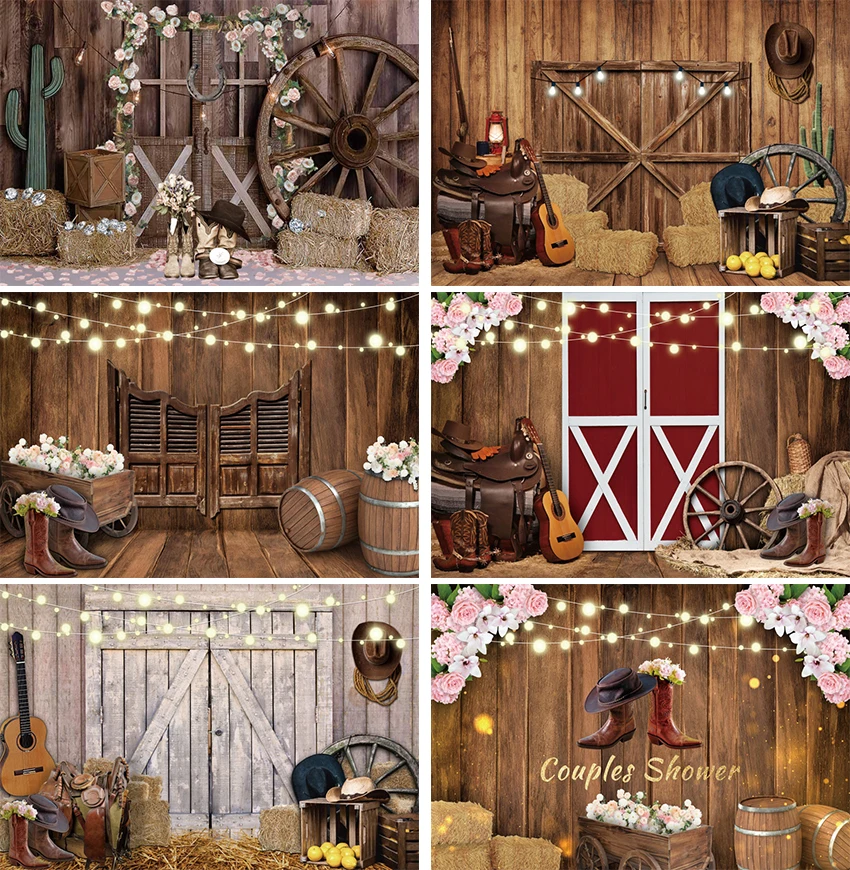 

Western Cowboy Rustic Wood Interior Wedding Backdrop Cactus Floral Straw Bride Shower Portrait Photography Background