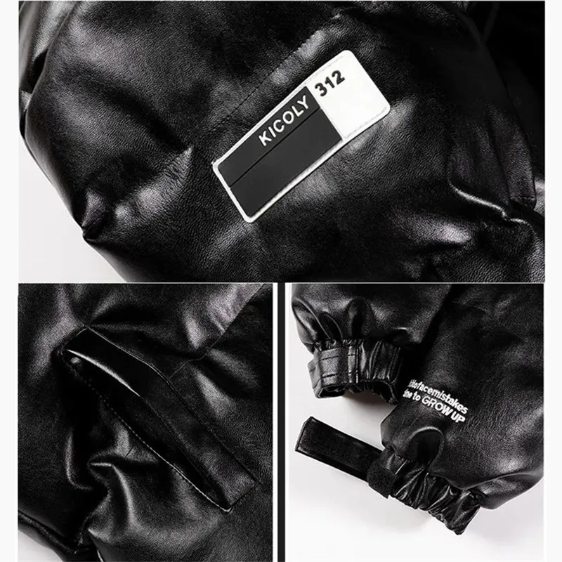 Leather Parkas Men Warm Thick Loose Jackets Coat Winter PU Outdoor Outfits Windproof Solid Harajuku Parka Mens Padded Jacket