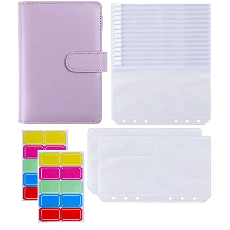 

18Pcs A6 PU Leather Binder Cover With 6 Ring Binder Pockets Envelopes For Cash Budget System Documents Cards