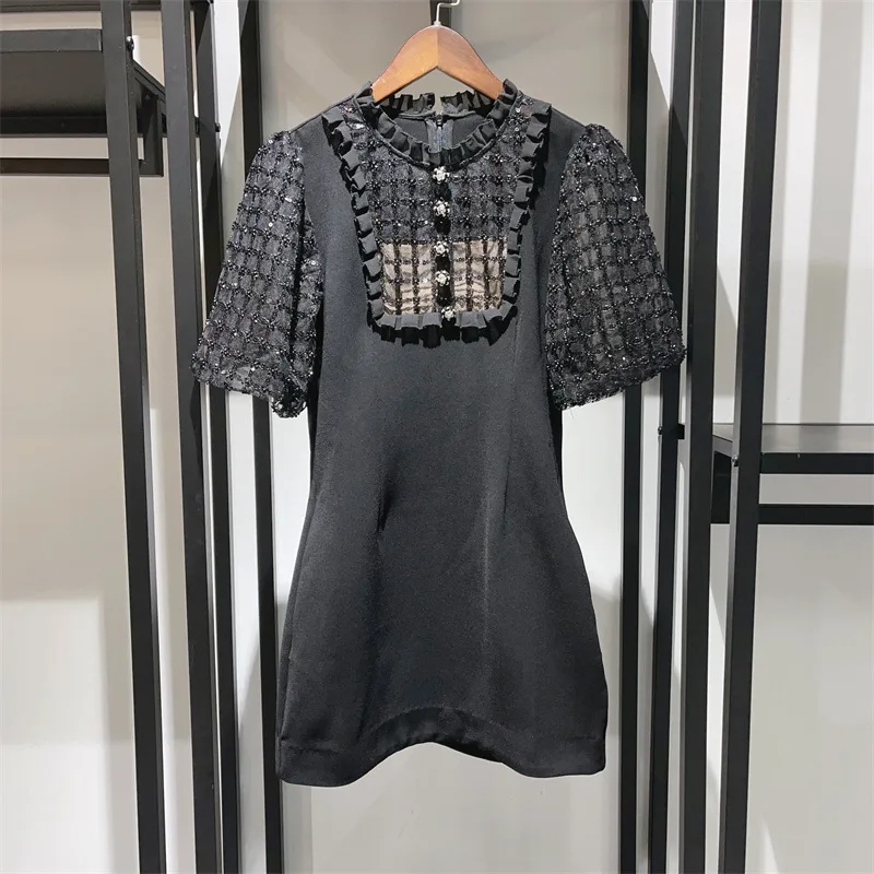 2023 Spring and Summer New Stand Collar Women Sequin See-through Lantern Sleeve Short Dress