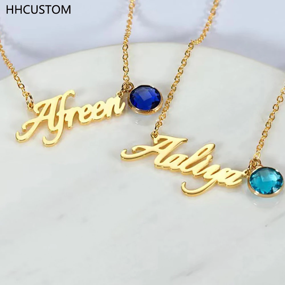 

HHCUSTOM Custom Birthstone Name Necklace Personality Stainless Steel Nameplate Pendant Choker Jewelry For Woman Birthday Gift
