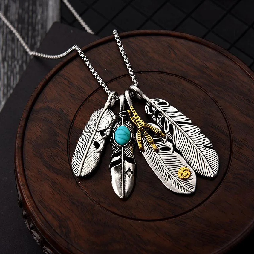 

Fashion Metal Eagle Claw Feather Turquoise Pendant Necklace for Men Vintage Indian Four Feathers Necklace Valentine's Day Gift