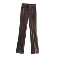 women fashion faux leather pants with slits high waist front zipper casual woman pu trousers chic lady pants winter