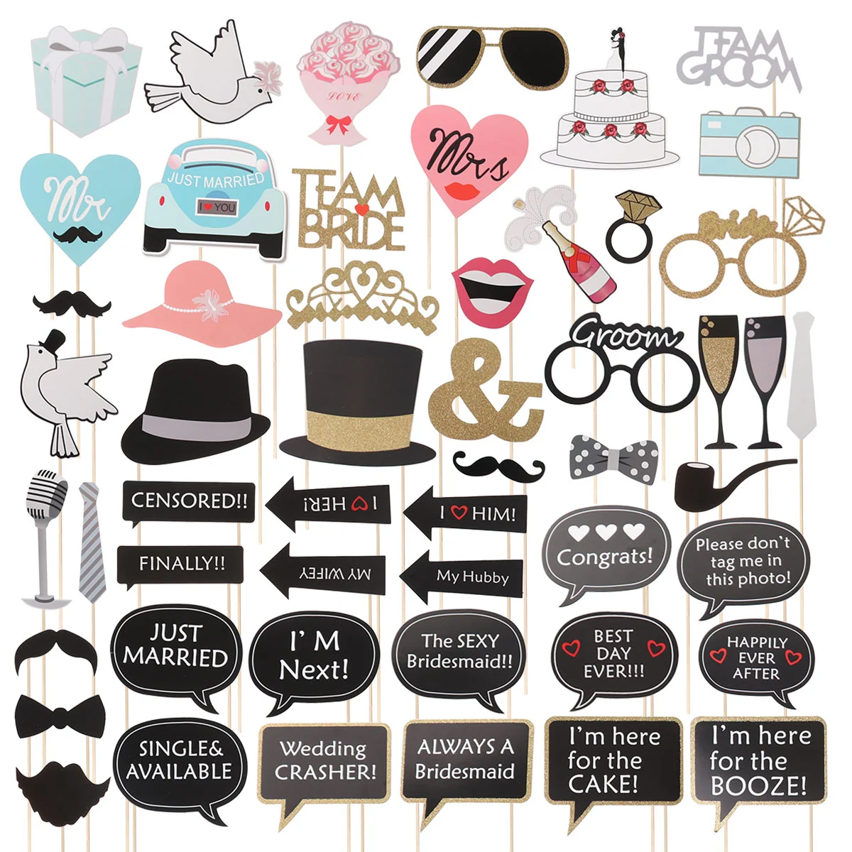 

53pcs Wedding Party Photobooth Props Beard Lips Party Decorations Camera Cocktail Photo Booth Props
