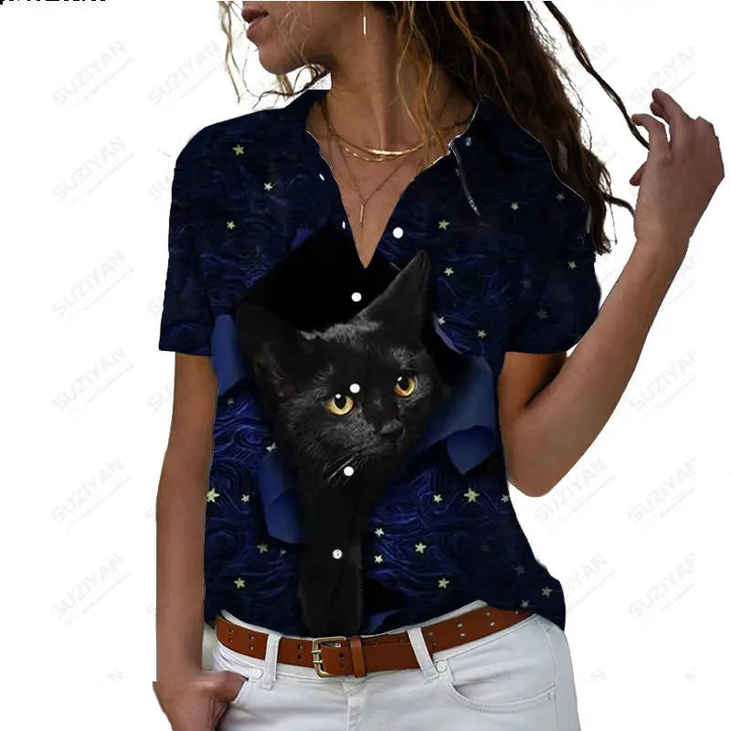 

Fashion Elegant Women's Shirt 3D Animal Cat Print Flower Large Casual Shirt Fashion Polo Short Sleeve Shirt Breathable Quick Dry