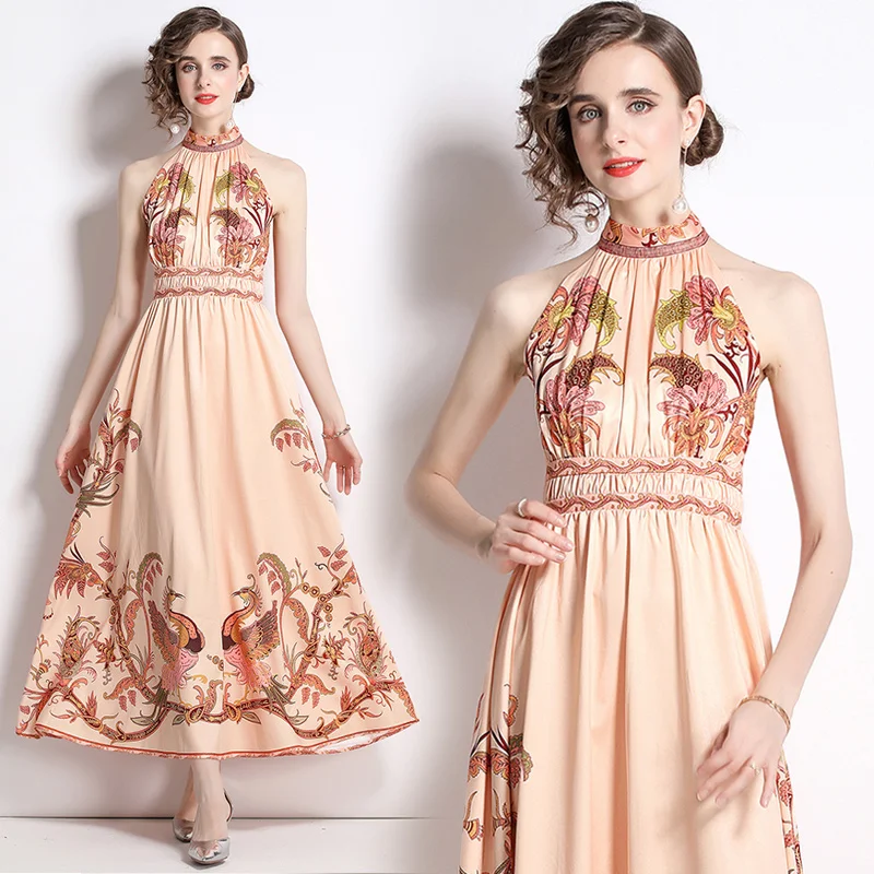 

2022 Women's Summer New Style High-end Temperament Show Stand Collar Sleeveless Hanging Neck Backless Print Long Lace Up Dress