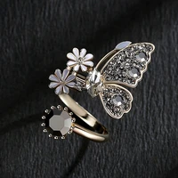 retro black butterfly flower rings for women open adjustable floral zircon finger ring boho aesthetic jewelry anillos mujer