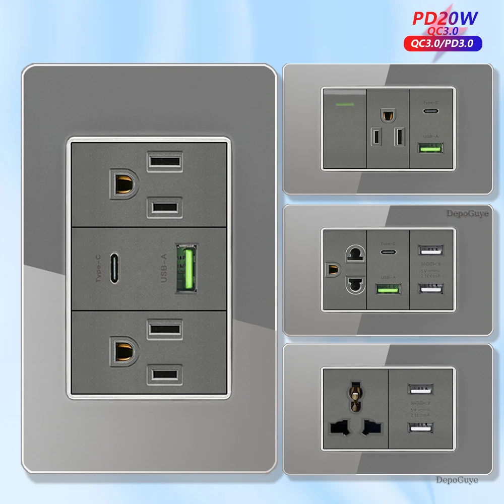 Фото Серое закаленное стекло, американская розетка USB Type-C, 20 Вт, умная настенная розетка с быстрой зарядкой, минимальный тайский двойной USB-разъем, выключатель света №3