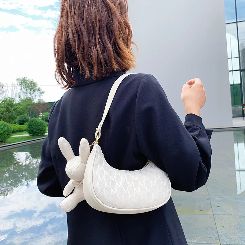 Cute Muppet Rabbit Pendant Texture Printed Crescent Bag Personality Fashion Small Bag New Simple Shoulder Bag