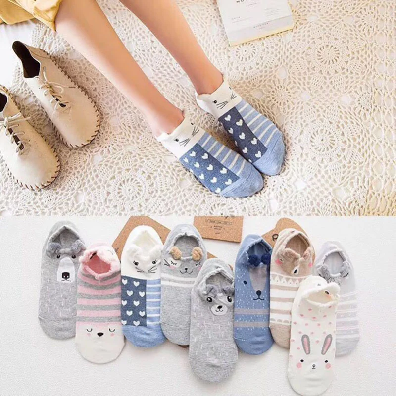 5 Pairs Women Ankle Socks Lovely Funny Cartoon Stereoscopic Animals Ear Plush Boat Sock Comfort Women Cute Girls Art Socks Meias
