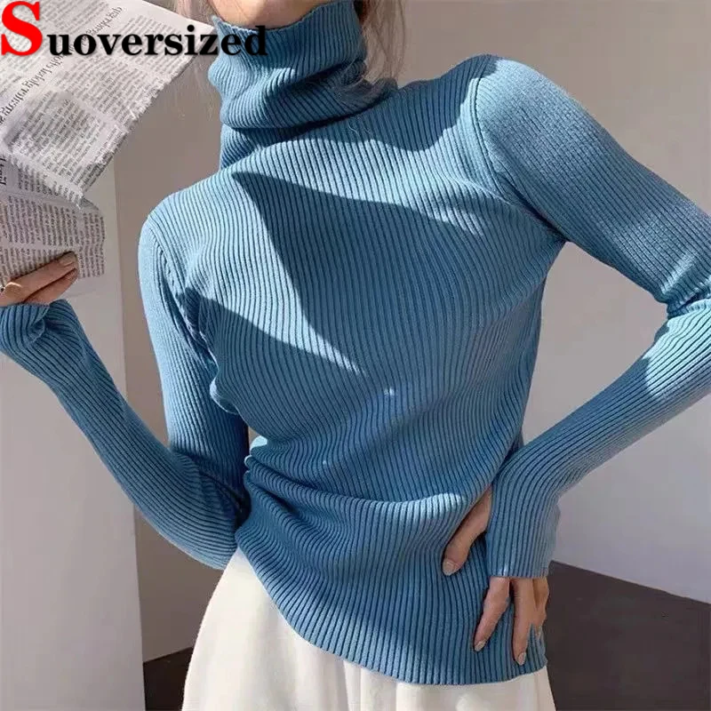 

Oversized 4xl Turtleneck Knit Tops Fall Winter Women Slim Sweater Solid Color Basic Sueter Casual Bottomed Long Sleeve Pullover
