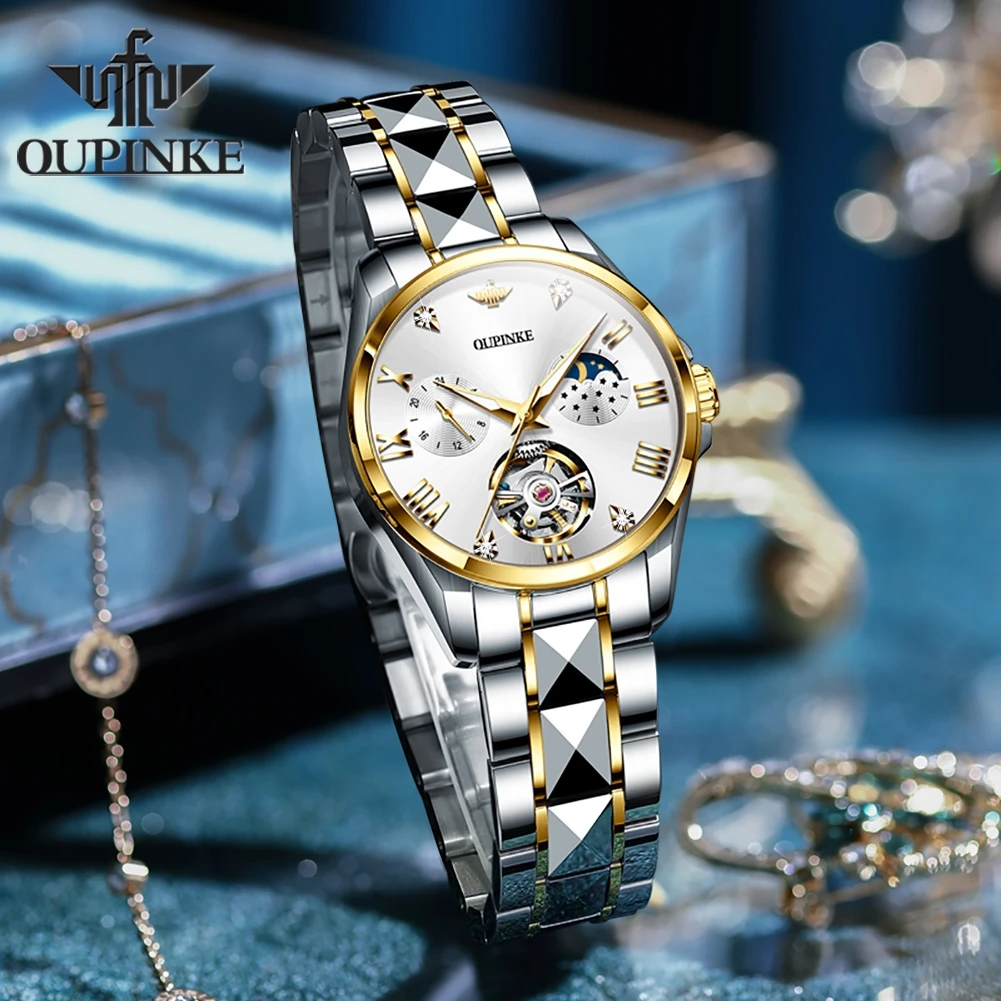 Фото OUPINKE 3202 Moonswatch роскошные механические часы для женщин полые скелетоны римские Наручные часы водонепроницаемые автоматические часы №2