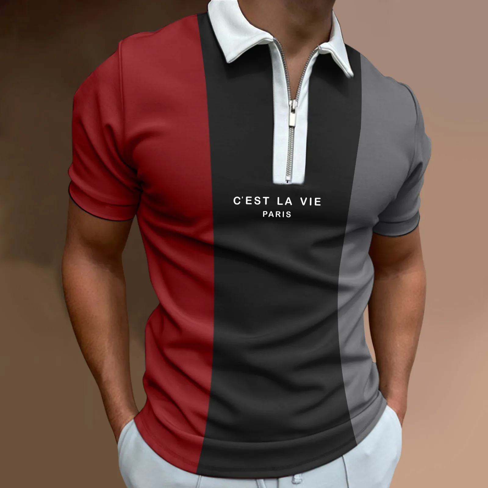 

Summer Polo Shirt Men's Casual Slim Turn-down collar zipper Short Sleeve Polo Shirt 2022 Fashion Color block Print Clothes