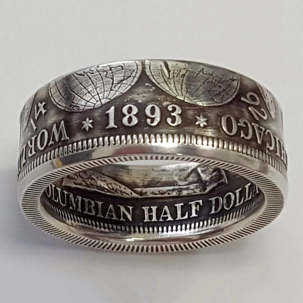 

Vintage Morgan Men's Punk Silver Color Imitation 1893 One Dollar Design Ring Club Personality Boys Rock Skull Ring Mens Rings