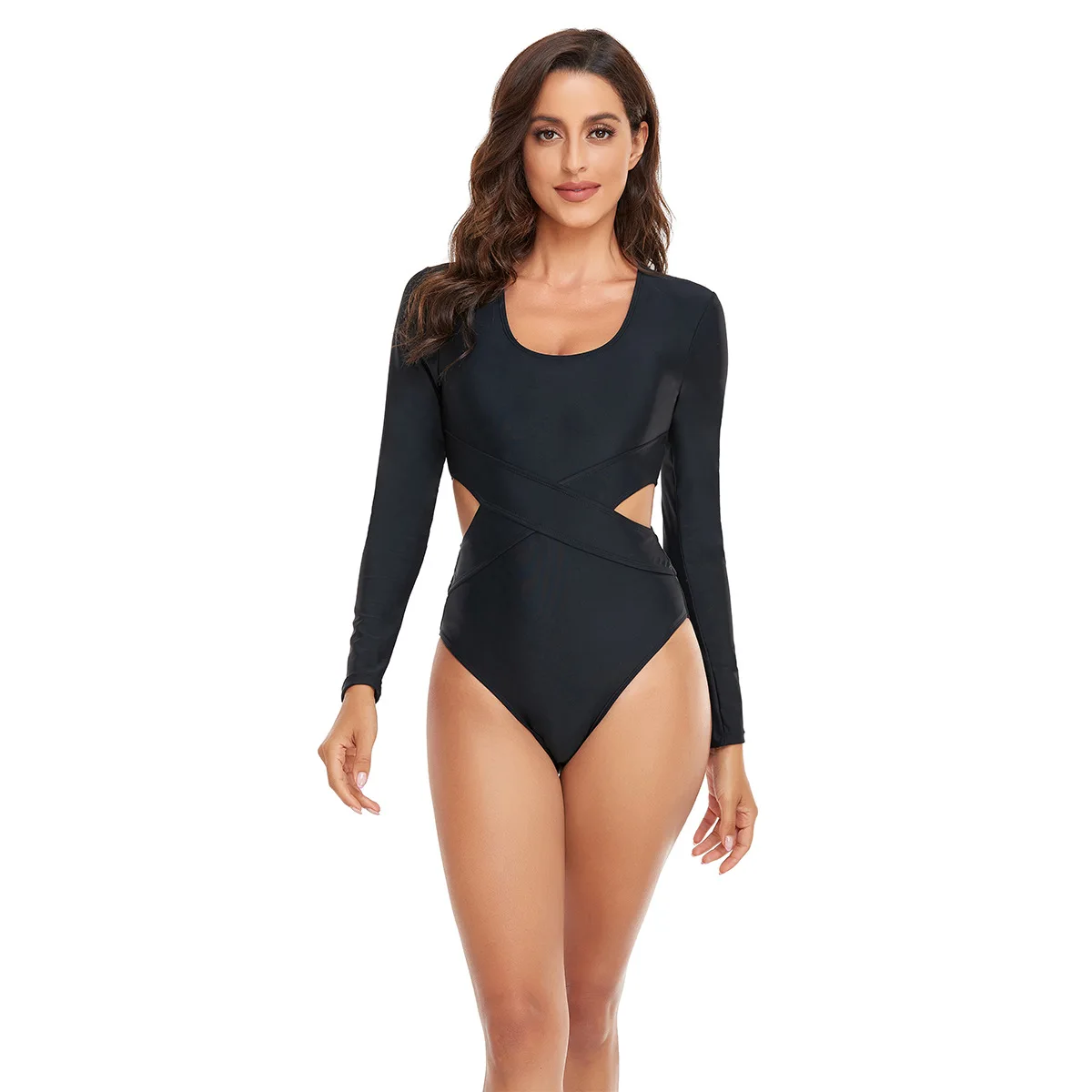 

High Quality Sexy One Piece Female Swimsuit Hot Spring Surf Diving U Neck Hollow Long Sleeve Swimsuit Women Beach Bikini S-2XL