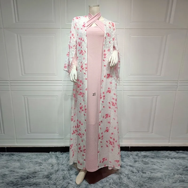 Abayas For Women Dubai 2022 Muslim Sets Luxury Feather Cardigan Inner Dress 2 PCS Suit Caftan Marocain Djellaba Femme Boubou